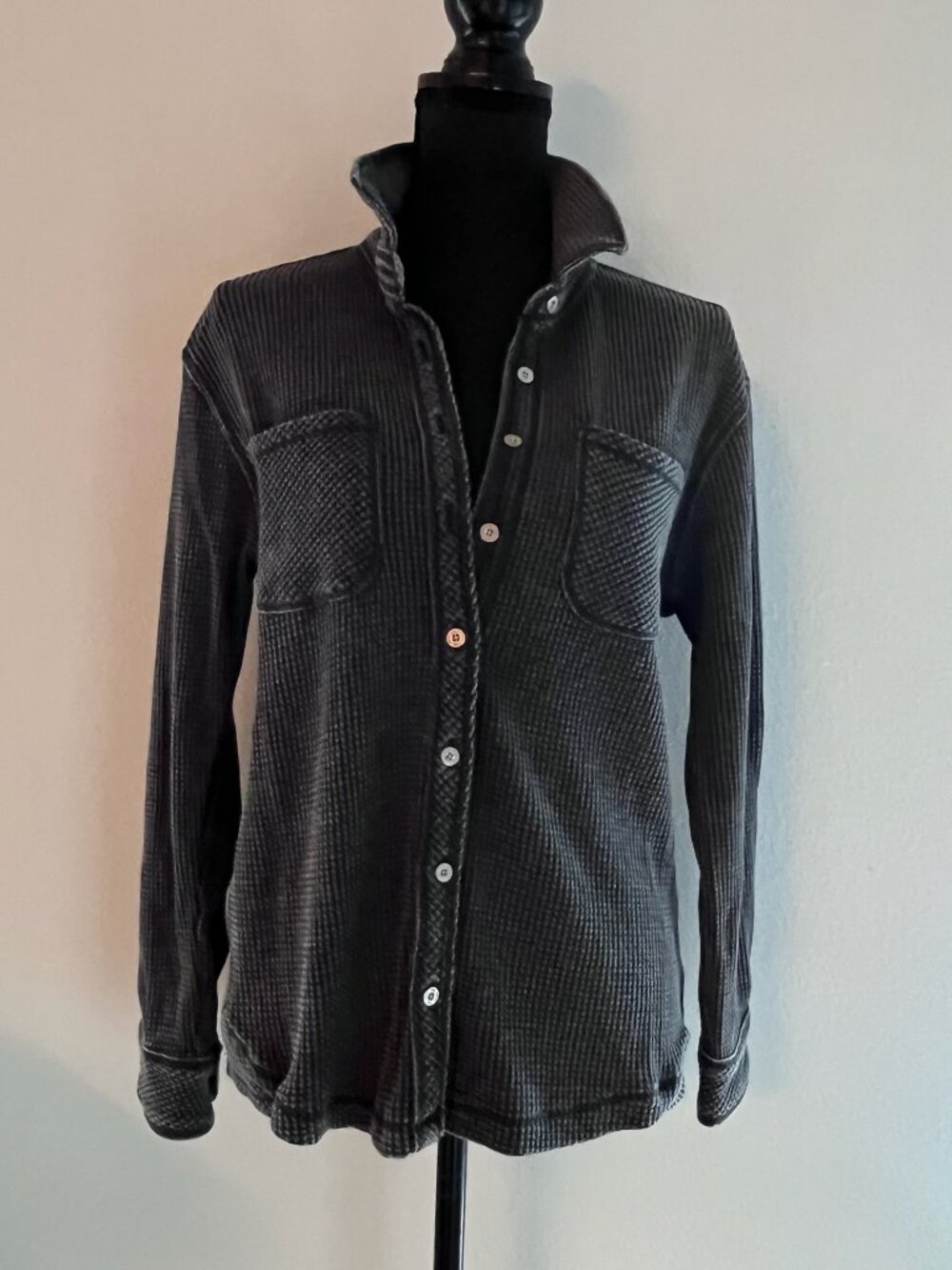 C&C California Mineral Washed Thermal Waffle Shacket Gray Shirt Women M